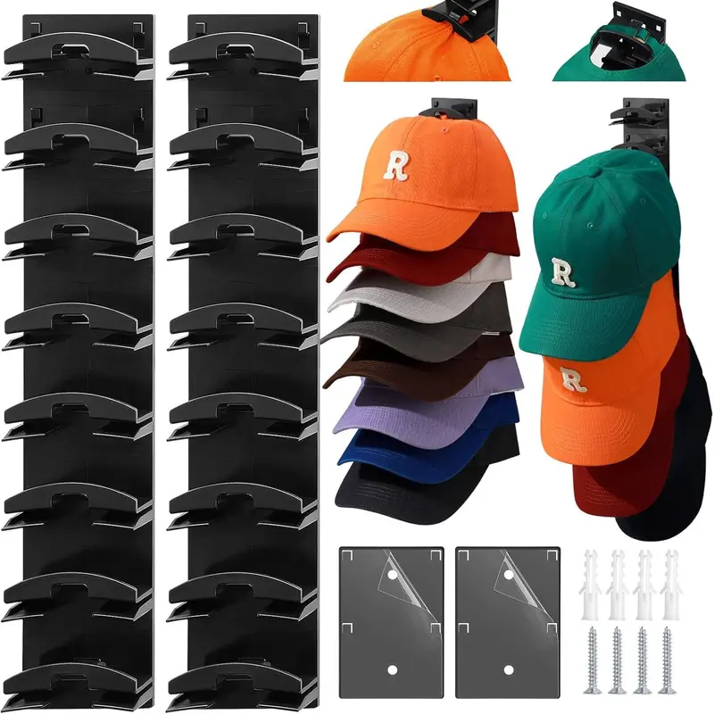 Black Wall Mounted Hat Organizer Rack 2-Pack, Multi-Layer Hanger Holder with 2 Mounting Options & Scratch-Resist Top, Holds 16 Caps for Closet Organization & Home Decor, Ideal for Father's Day Gifting