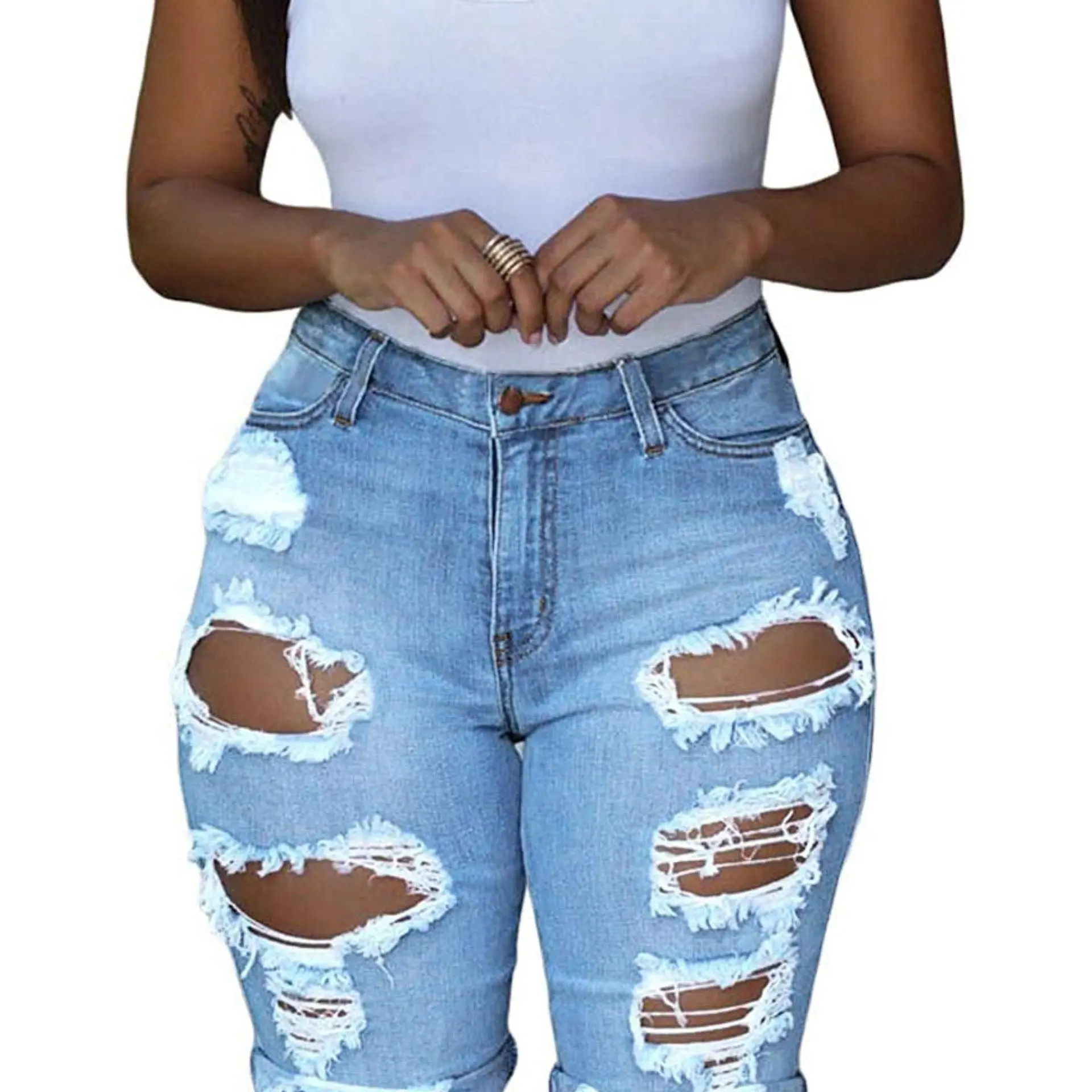 Women's Ripped Denim Destroyed Mid Rise Stretchy Bermuda Shorts Jeans