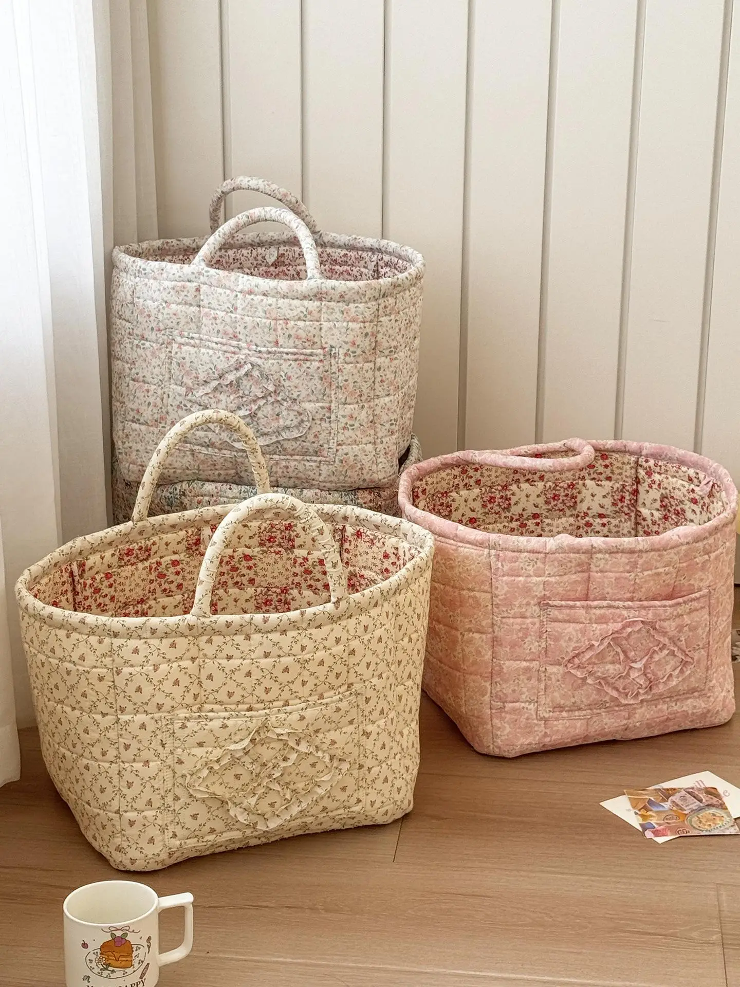 Floral Pattern Fabric Storage Basket, Portable Underwear Sundries Finishing Basket, Home Organization and Storage for Kitchen Bathroom Bedroom Living