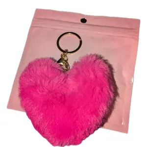 Heart Pom Keychain - Pink Fuzzy Heart Shape Key Accessory in Pink Packaging