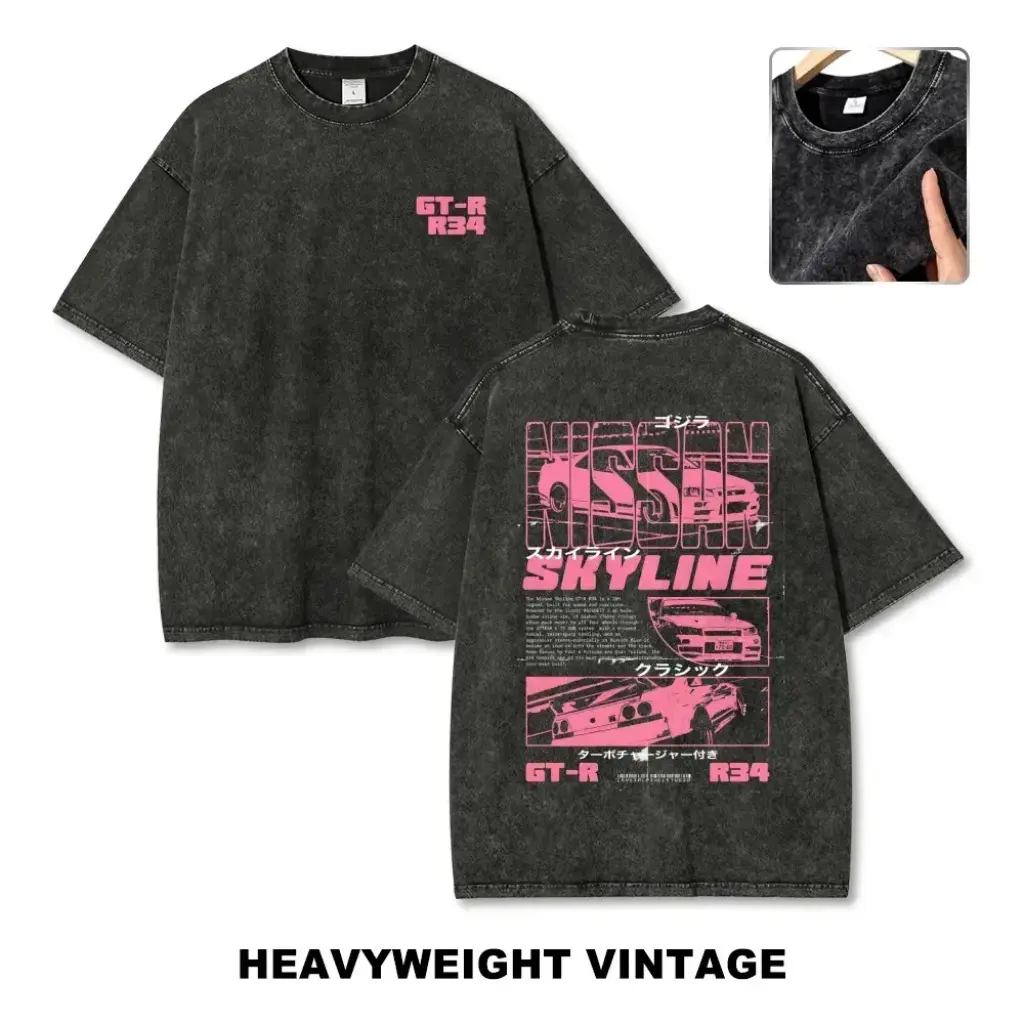 Men's Vintage Washed GT-R R34 Skyline Graphic Tee - Heavyweight Cotton Oversized JDM Racing Streetwear T-Shirt, Y2K Car Lover Unisex Top