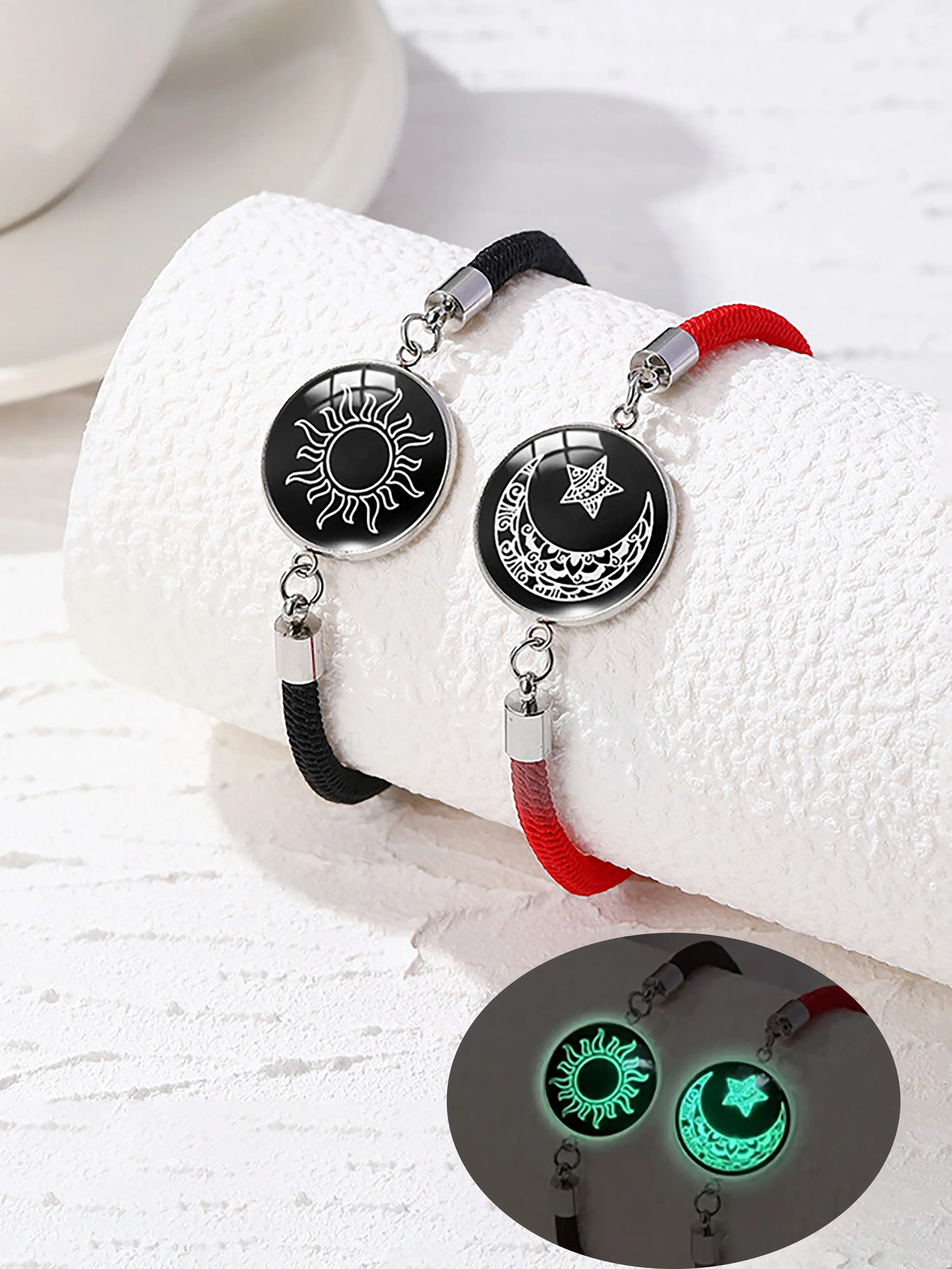 Luminous Sun, Moon and Star Couple Bracelet, Handmade Black/Red Braided Rope Luminous Bracelet for Unisex, Tai Chi Promise Friendship Bracelet, Bracelet for Boyfriend or Girlfriend