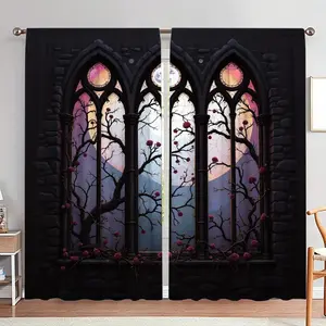 Gothic Castle Pattern Door Curtain, 1 Set Colorful Glass Print Door Curtain, Home Decor for Living Room Bedroom, Room Divider Curtain, Home Decoration Curtain