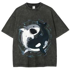 Men's Unisex Vintage Washed Orcas And Great White Sharks Graphic T-Shirt, Everyday Short-Sleeve Casual Fit Streetwear Top