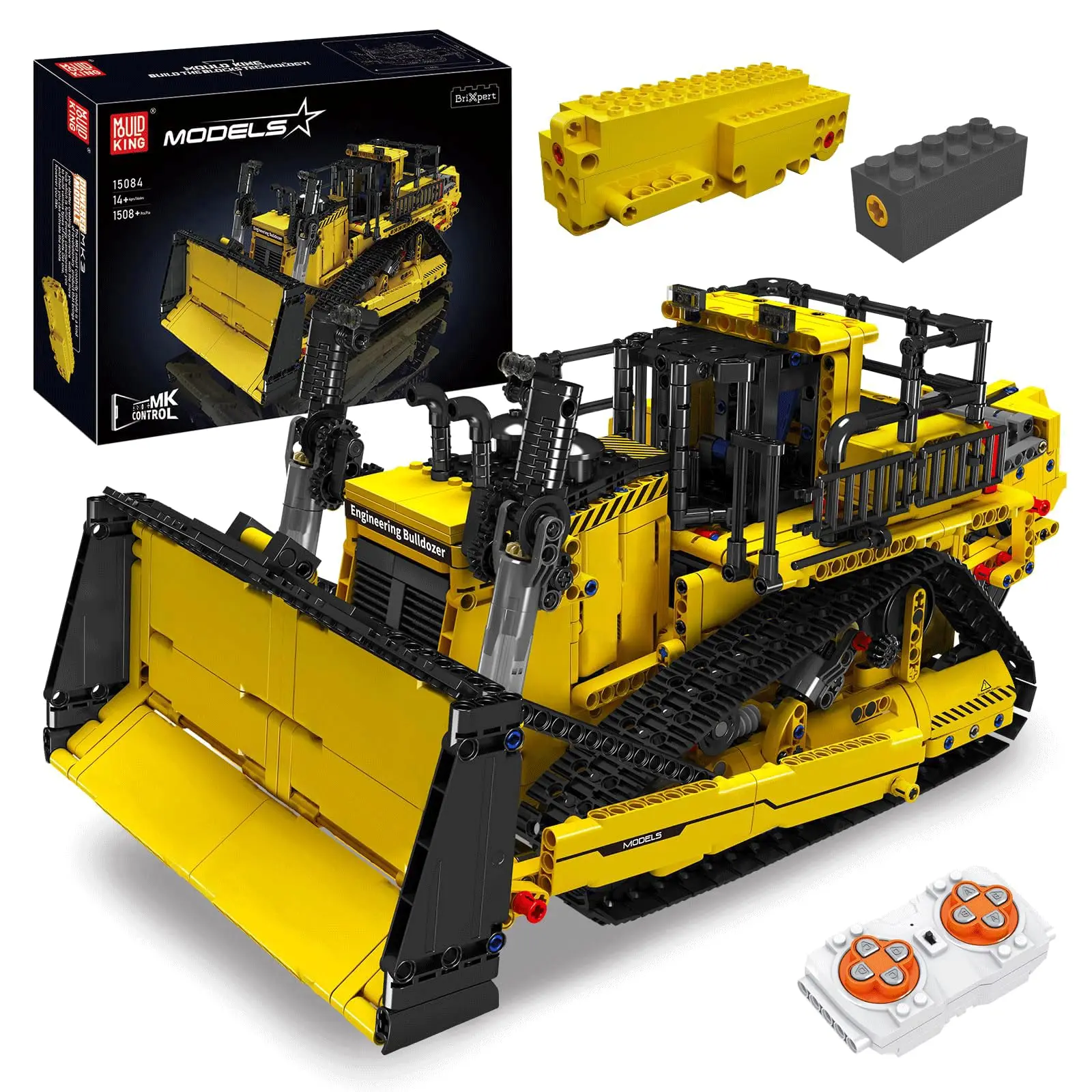 Mould King 15084 Rechargeable Realistic RC Bulldozer Building Set, 2.4G App-Controlled Construction Vehicle Toy with Engine, DIY STEM Fun Engineering Model for Adults/14+ (1508 Pieces, Ideal for Children's Day)