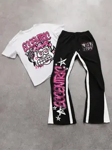 Eccentric Graffiti 2-Piece Outfit - Pink Graphic Tee & Flare Pants Streetwear Set Casual Fashion Set