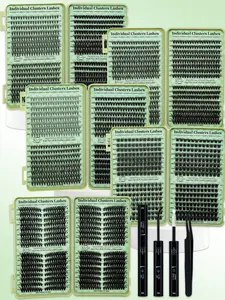 Cluster Lashes Book Kit, 640PCS/384PCS Lash Clusters D Curl Mixed 10-16mm Mega Volume Individual Lashes Wispy Lashes, 4 Styles In One Tray, Kit With BOND&SEAL And Lash Applicator For DIY At Home, Beginner Friendly
