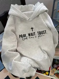 PRAY WAIT TRUST God Has A Plan Graphic Light Gray Hoodie | Christian Casual Hooded Sweatshirt | Soft Comfortable Fabric | Faith-Based Aesthetic | Trendy Oversized Fit | Inspirational Print Top | Versatile Daily Hoodie | Perfect for Casual/Spiritual Style