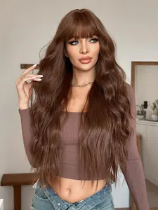 34 Inch Long Body Wavy Wig for Women,Reddish Brown Gorgeous Fluffy Curly Wigs with Bangs, Bangs Included,Synthetic Full Machine Hair Wigs for Party Photography,Daily School Use
