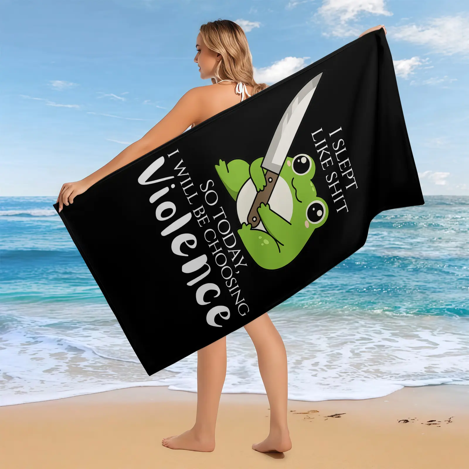 I Slept Like Shit So Today I Choose Violence Frog Beach Towel Funny Meme Frog Quick Dry Towel Humor Gift