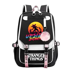 Stranger Things-Demogorgon Trendy Youth Laptop Backpack,11.4''×18.1'' Large Capacity Multi Pocket School Bag with Pom Pom Charm, Adjustable Breathable Straps Perfect Back To School Gift