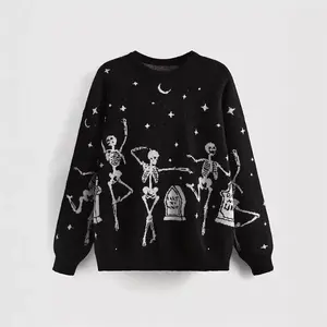 Halloween Black Skull Pullover Large Size Loose Fit Vintage Graphic Knit Sweater Knitwear Womenswear