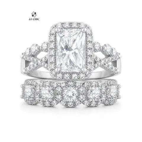 JJ CHIC 5CT Radiant Cut Halo Bridal Ring Set for Women,  Engagement Ring with Matching Wedding Band Band Rings