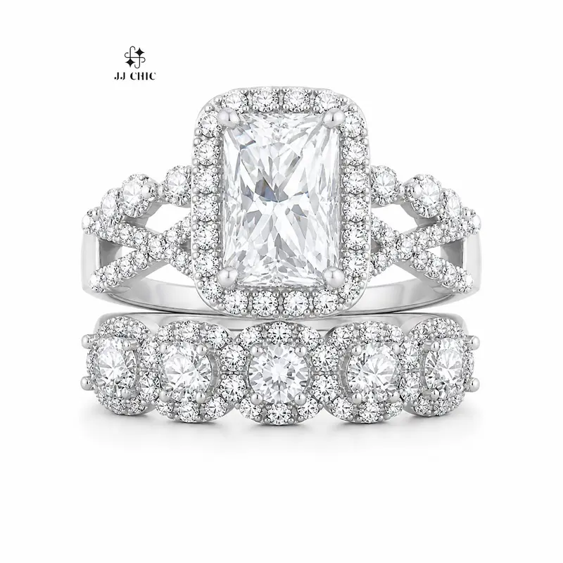 JJ CHIC 5CT Radiant Cut Halo Bridal Ring Set for Women, Engagement Ring with Matching Wedding Band Band Rings