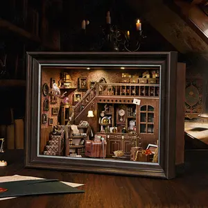 ETKVR ZR08 Attic Secret Room Book Nook Kit - 3D Wooden Puzzle with LED Switch Control & Wall-Mountable Frame，DIY Miniature House for Beginners，Bookshelf/Tabletop/Wall Decor for Craft Lovers，Dollhouse Gift