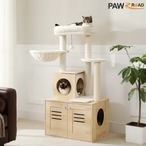 PAWZ Road Cat Tree Modern Cat Tower 50-Inch Wood Cat Condo with Large Hammock Top Perch for Large/Fat Cats, Rustic Brown Beige#SummerVibes #petlovers
