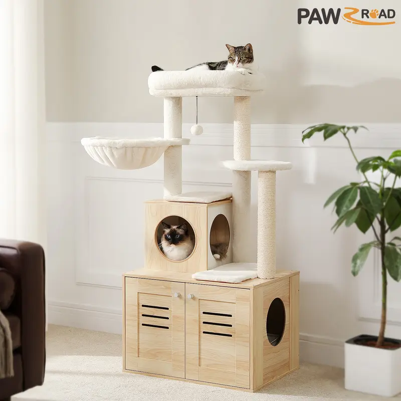 PAWZ Road 50-Inch Modern Wood Cat Tree with Wood Base, Large Hammock Top Perch, Washable Pads, Scratcher, Detachable Parts, 23.6"l x 18.9"w x 50"h Size, Lower Center of Gravity, Added Safety Strap, Mess Control for Large Cats, Rustic Brown Beige
