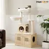 PAWZ Road 50-Inch Modern Wood Cat Tree with Wood Base, Large Hammock Top Perch, Washable Pads, Scratcher, Detachable Parts, 23.6"l x 18.9"w x 50"h Size, Lower Center of Gravity, Added Safety Strap, Mess Control for Large Cats, Rustic Brown Beige
