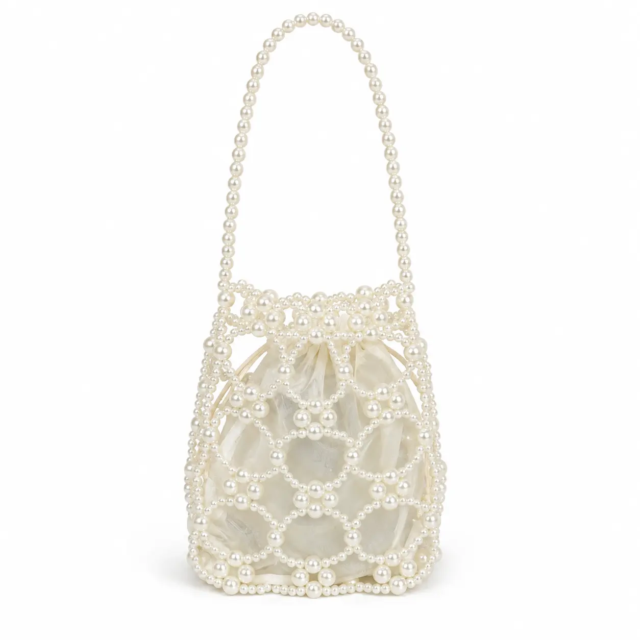 Women's Faux Pearl Bucket Bag, Vintage Hollow Grid Shoulder Purse with Detachable Drawstring Liner for Wedding, Party & Date Night, Shoulder Bag, Detachable Liner, Compact Carry, Drawstring Bag, Pearl Handle