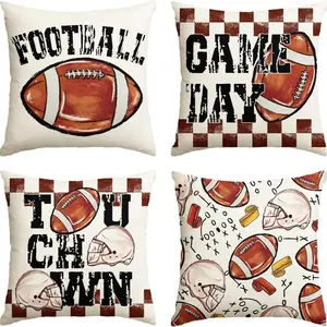 4 Pcs Football Game Day Throw Pillow Covers, 18 x 18 Inch American Football Game Touch Down Sports Cushion Case for Sofa Couch