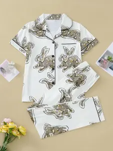 Women's Sleepwear Set, Loungewear, Homewear, Pajama, Cute Rabbit Print, Bunny, Elegant Casual, Comfortable Lapel Short Sleeve Top & Wide Leg Pants, Holiday Party Wear