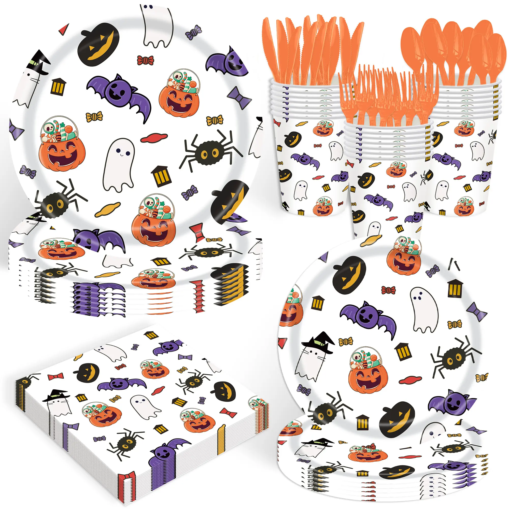 140Pcs，Halloween Party Supplies Tableware Set Cute Ghost Disposable Paper Plates and Napkins Halloween Party Decorations Paper Plates, Serve for 20 Guests