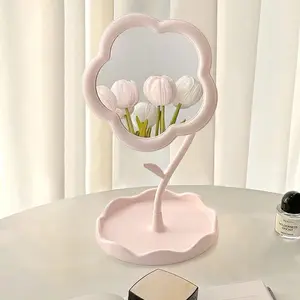 Flower-Shaped Makeup Mirror for Desk Vanity Mirror for Bedroom,Living Room and Minimal Spaces Room Decor Home Decorations (Pink)
