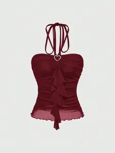 Women’s Y2K Heart Buckle Halter Cami Top – Ruched Patchwork Ruffle Trim Camisole