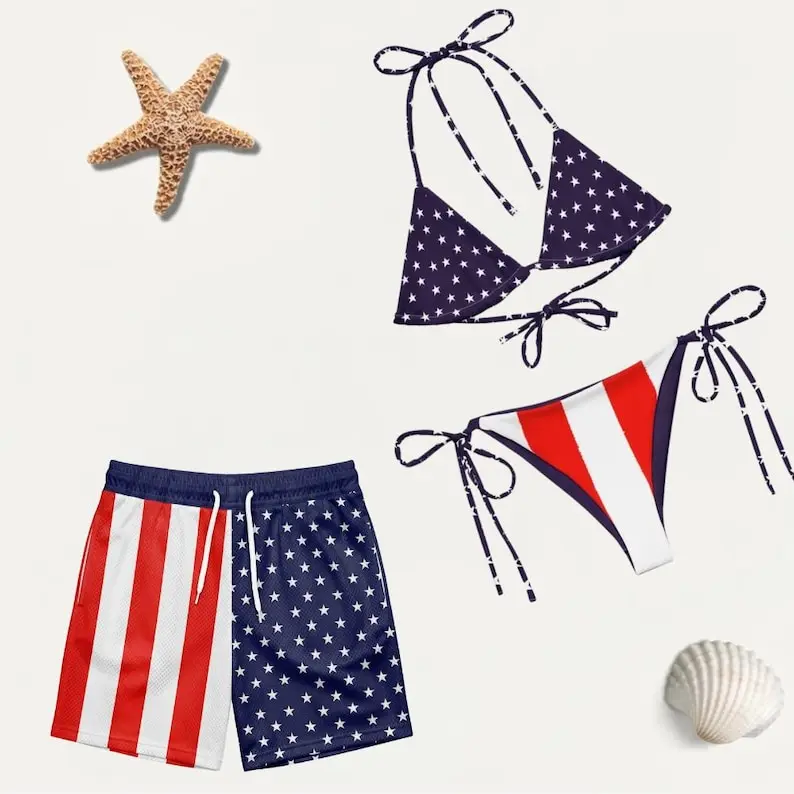 [HOT Swimwear 2026] USA Flag Matching Couple Swimwear Set, Bikini, Board Shorts, Patriotic Beachwear