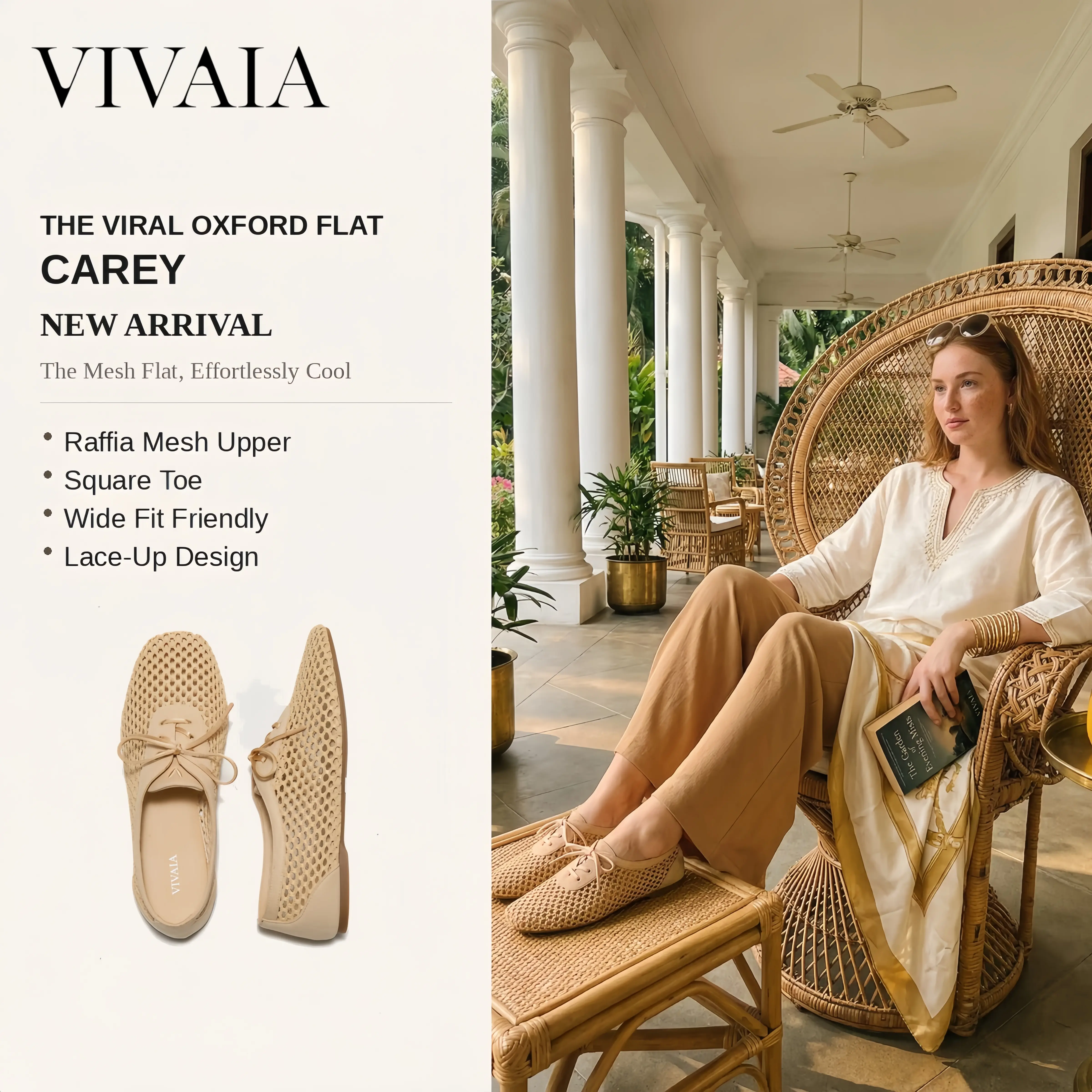 VIVAIA Square Toe Mesh Ballet Flats, Wide Feet Friendly, Tan Flats, netted flats, raffia shoes, Breathable Summer Shoes, Lightweight, Ballerina Sneakers, Travel Shoes, Comfortable Flats, Suitable for Vacations, Parties, Beach, Shopping (Carey)
