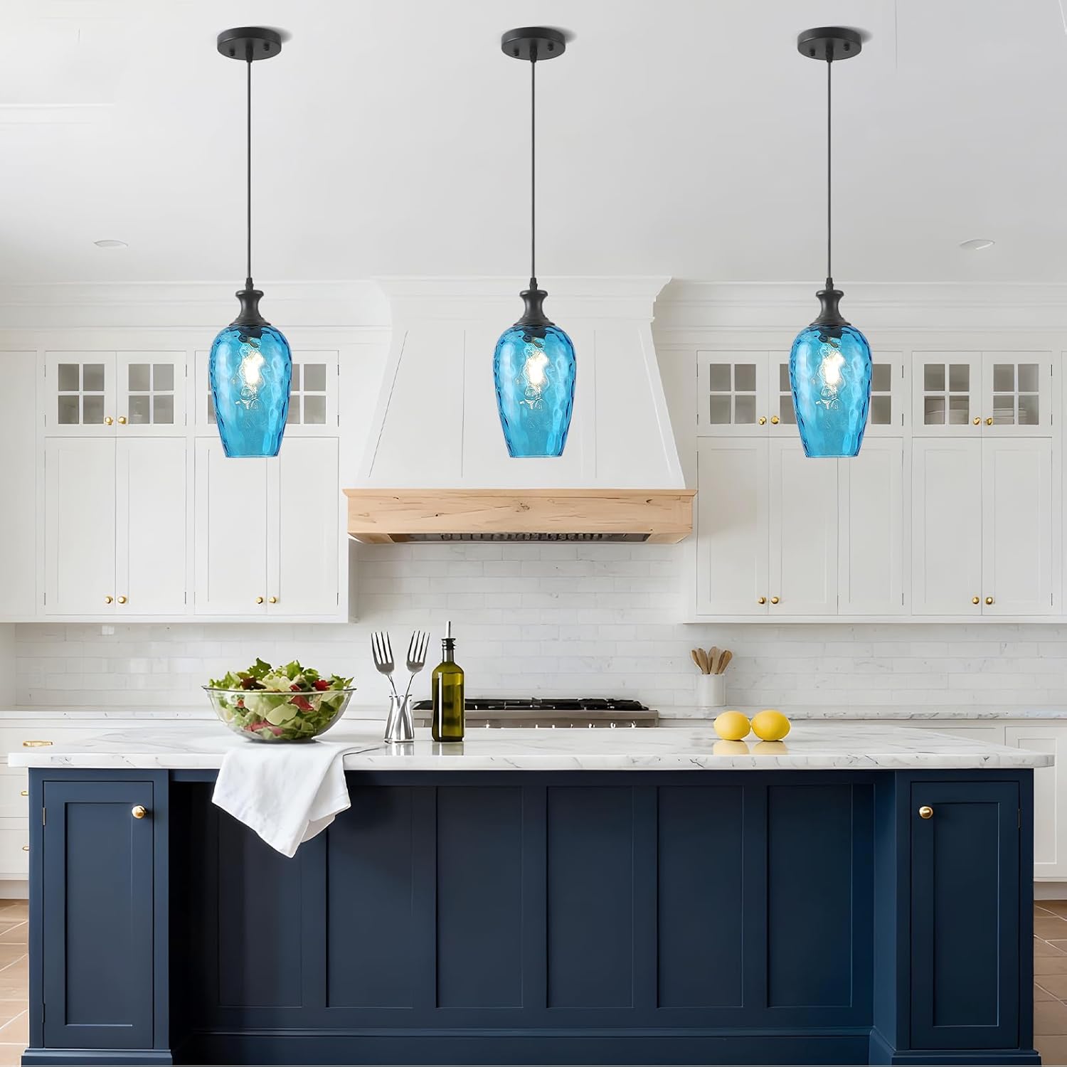 Glass Pendant Lights Kitchen Island, 1-Light Blue Pendant Light Fixtures with Hammered Glass Modern Farmhouse Hanging Light for Kitchen Sink Dining Room Bedroom