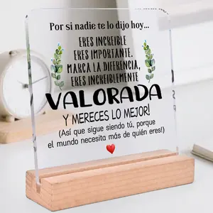 1pc Spanish Praise Acrylic Plaque Sign with Wooden Base - Unique Wall Pediments for Desktop Decor - Ideal Grateful Gift for Friend, Family - No Electricity Needed -
