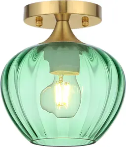 Green Glass Ceiling Light Fixture, 7" Modern Brushed Gold Semi Flush Mount Lamp for Hallway Bathroom Entryway