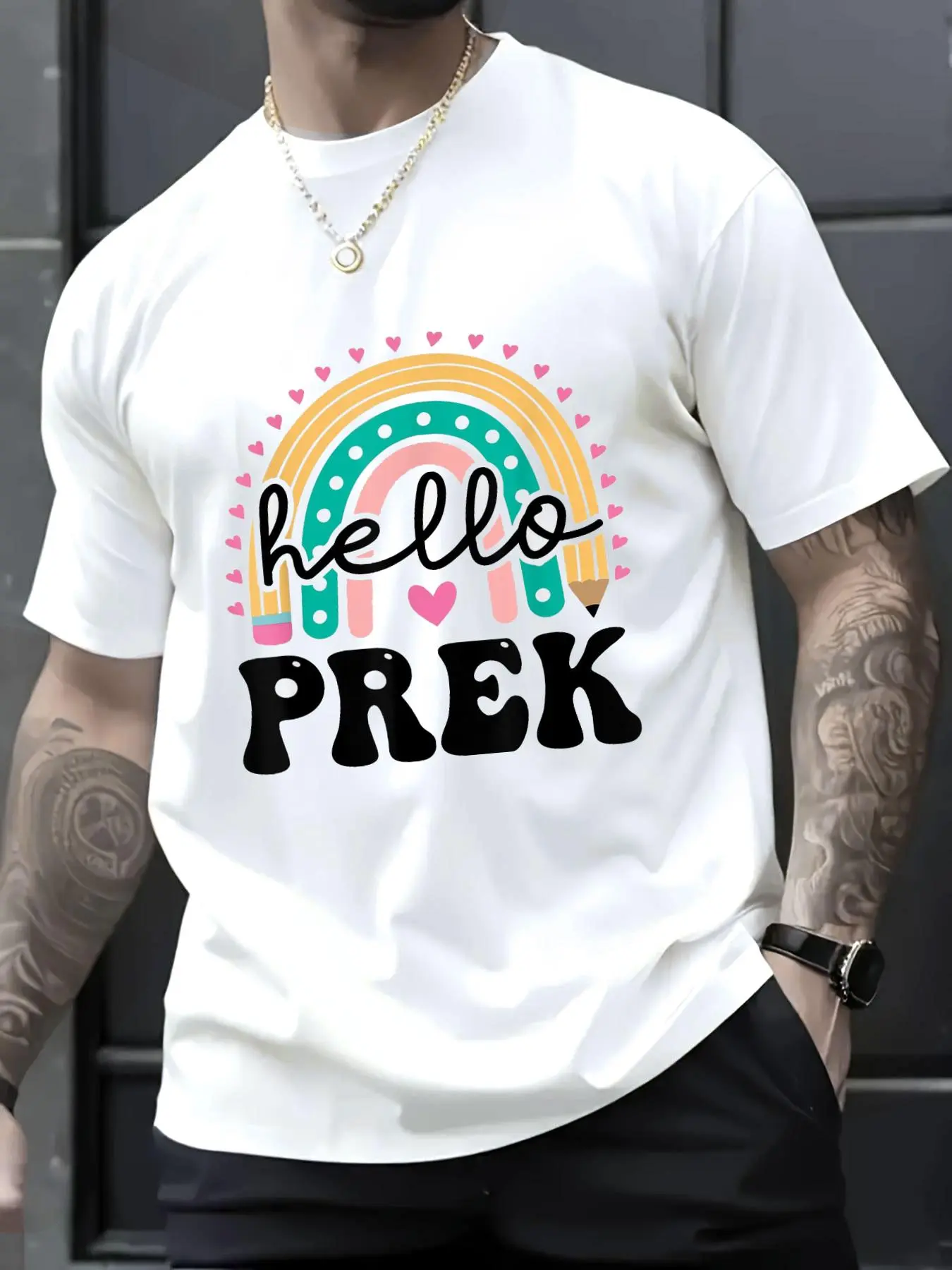 100% Cotton Unisex Hello Prek Rainbow Pre-k first day back to school T-Shirt, Men's Women's Shirt Top, Short Sleeve Tops Crewneck Tshirt