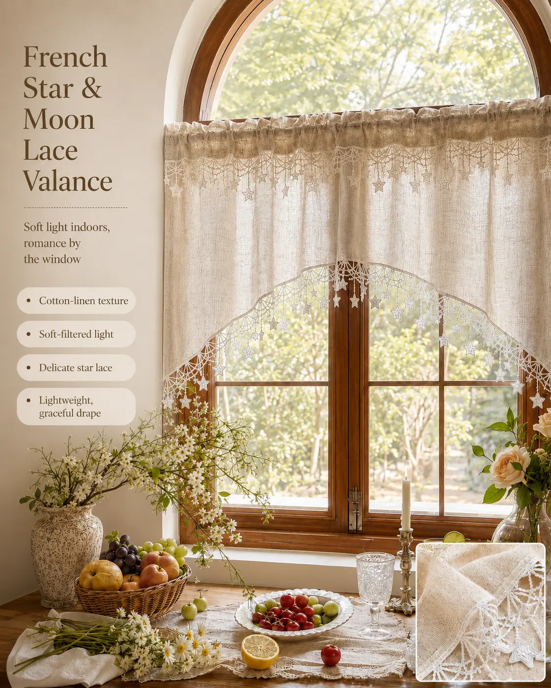 Vintage farmhouse linen kitchen valance with star trim, filtering arched curtain tiers, semi-sheer, for kitchen window/doorway rod pocket, 1 panel
