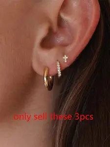 Elegant Women's Earrings Set, Studded Cross Earrings, Includes Plain Hoop, Half-Zircon Stud, Mini Cross Studs, Perfect Jewelry Gift for Her