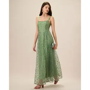 Women's Green Embroidery Mesh Slip Maxi Dress