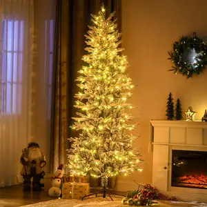 7.5' Pre-Lit Flocked Artificial Christmas Tree - Snow Branches, Warm Yellow Clear Lights, Auto-Open Function, Extra Bulb (Festive Home Decoration)