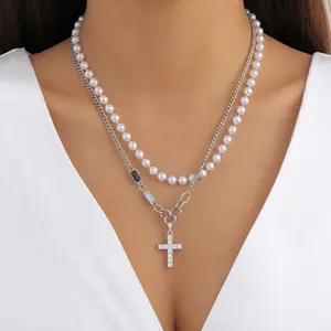Hip Hop Style Layered Faux Pearl &  Chain Cross Pendant Necklace, Iced Out Rhinestone Cross Choker with Black & Clear Crystal Accents, Adjustable Length Streetwear Jewelry for Men & Women, Perfect for Daily Wear, Party, Concert, and Holiday Gift