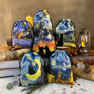 Cat Velvet Storage Bag, Dual-Sided Color Printed Tarot Card Holder, Gift Crystal Pouch, 13x18 Cm, Cute Animal Design, Drawstring Pouch