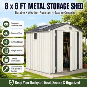 Outdoor Storage Shed 8x6 Metal Tool Shed Backyard Organizer Pitched Roof Waterproof Garden Shed with Window and Double Lockable Doors Bike Storage Utility Shed White and Gray Lawn Mower Yard Tool Housing