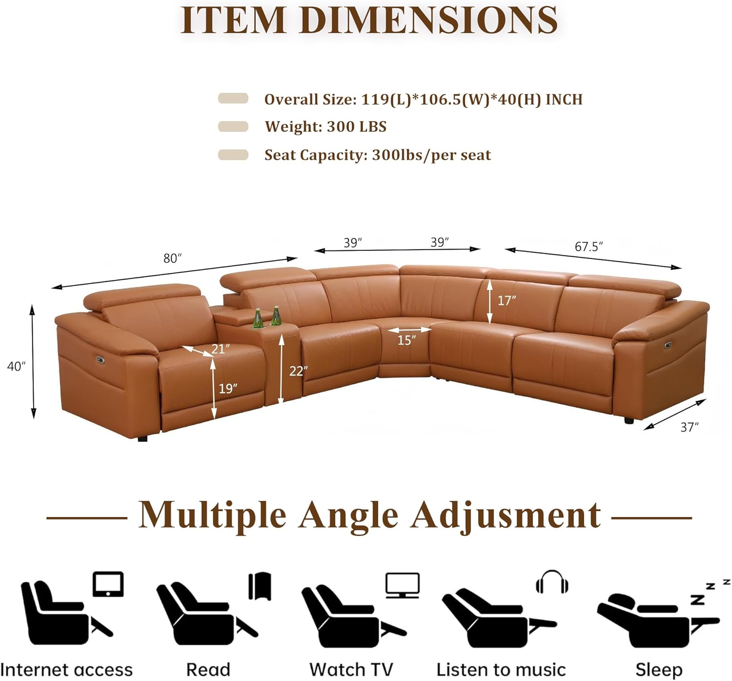  Power Recliner Sectional Couch, Breathing Leather Living Room Furniture Set, Reclining Corner Sectional Sofa with Storage Console/Cup Holders for Home/Office