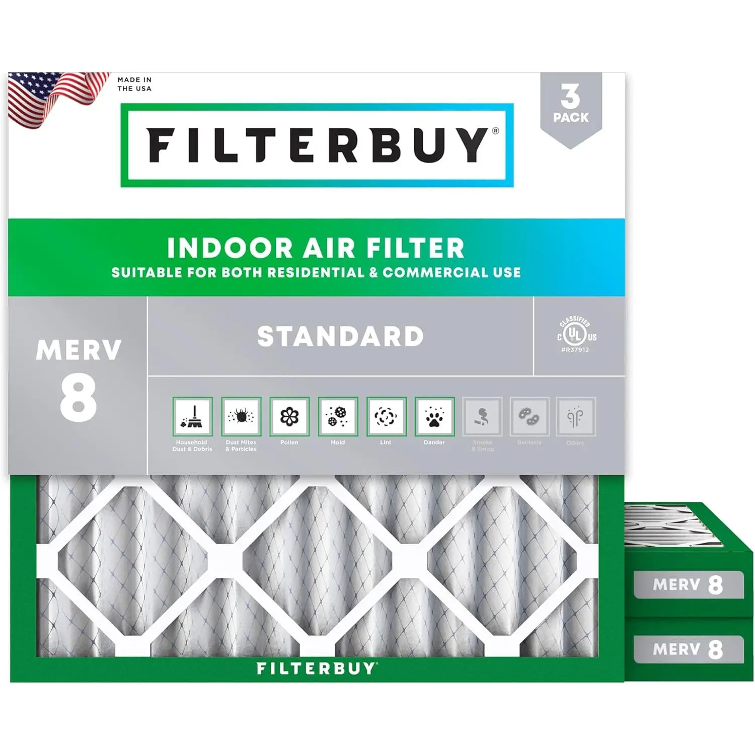 Filterbuy 10x10x2 Eco-Friendly HVAC AC Furnace Air Filter (3-Pack), Pleated MERV 8 Dust Defense with Electrostatic Synthetic Media, Actual Size 9.5x9.5x1.75in, Endures Temperatures Up to 200°F, 9.5X9.5"