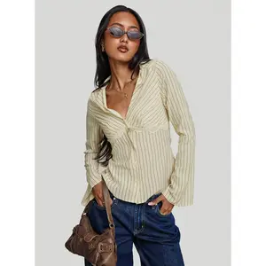 Life Begins Long Sleeve Lace Trim Top Cream Stripe