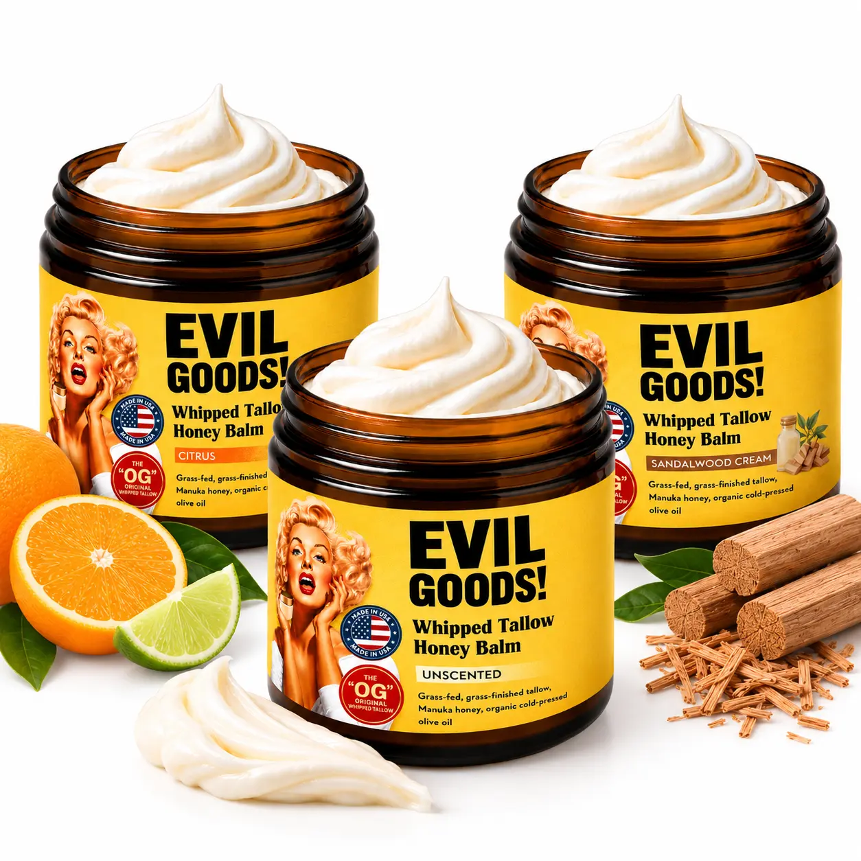 EVIL GOODS 3-PACK Organic Whipped Beef Tallow & Manuka Honey Unscented Skin Care Set - Daily Sensitive Skin Repair, Nourishing Face Cream, Body Lotion, Lip Balm with 100% Natural Ingredients for Body Care