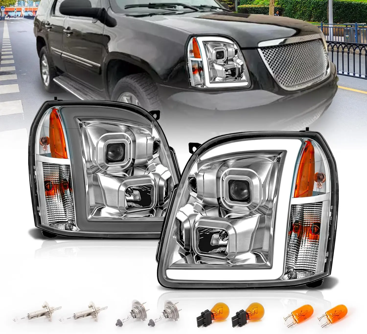 AmeriLite for 2007-2014 GMC Yukon/Yukon XL Denali/Yukon Hybrid Chrome LED Tube Square Projector Headlights Set - Passenger and Driver Side