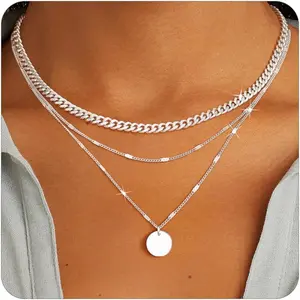 Layered Gold Necklace for Women Trendy,14K Gold Plated Dainty Stackable Cuban Link Herringbone Paperclip Chain Diamond/Coin/Cross/Tag/Mobius Pendant Necklace Set Fashion Jewelry Christmas Gifts