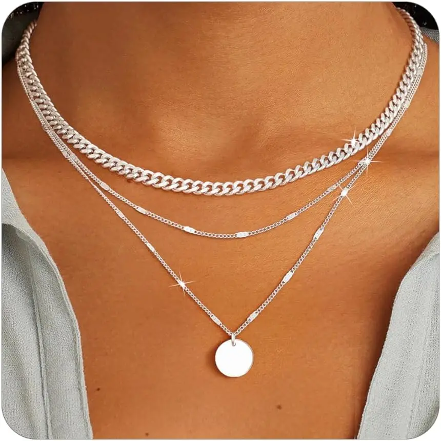 Layered Gold Necklace for Women Trendy,14K Gold Plated Dainty Stackable Cuban Link Herringbone Paperclip Chain Diamond/Coin/Cross/Tag/Mobius Pendant Necklace Set Fashion Jewelry Christmas Gifts
