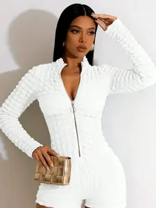 A women's white, three-dimensional texture, long-sleeved, slim-fit, waist-cinching, stand-up collar, Basic ipper jumpsuit shorts, suitable for spring and autumn, suitable for daily street wear and home wear.
