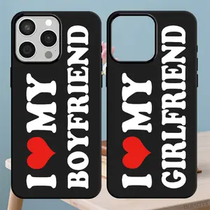 I Love My Boyfriend / Girlfriend Letter Pattern Phone Cases,Black Magnetic Shockproof Smartphone Protection Case With Lanyard Button,Soft Liquid Silicone Cellphone Casing Cover for iPhone 17 Pro Max 17air 16 Plus 15 14 13 12